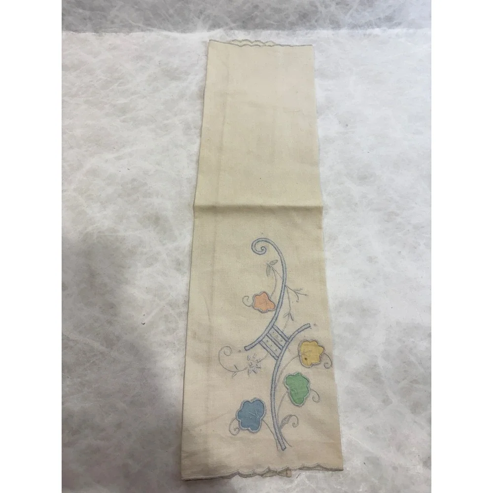 Vintage Hand Embroidered Linen Lot Floral Bird Scalloped Edge Tea Towels 4pc